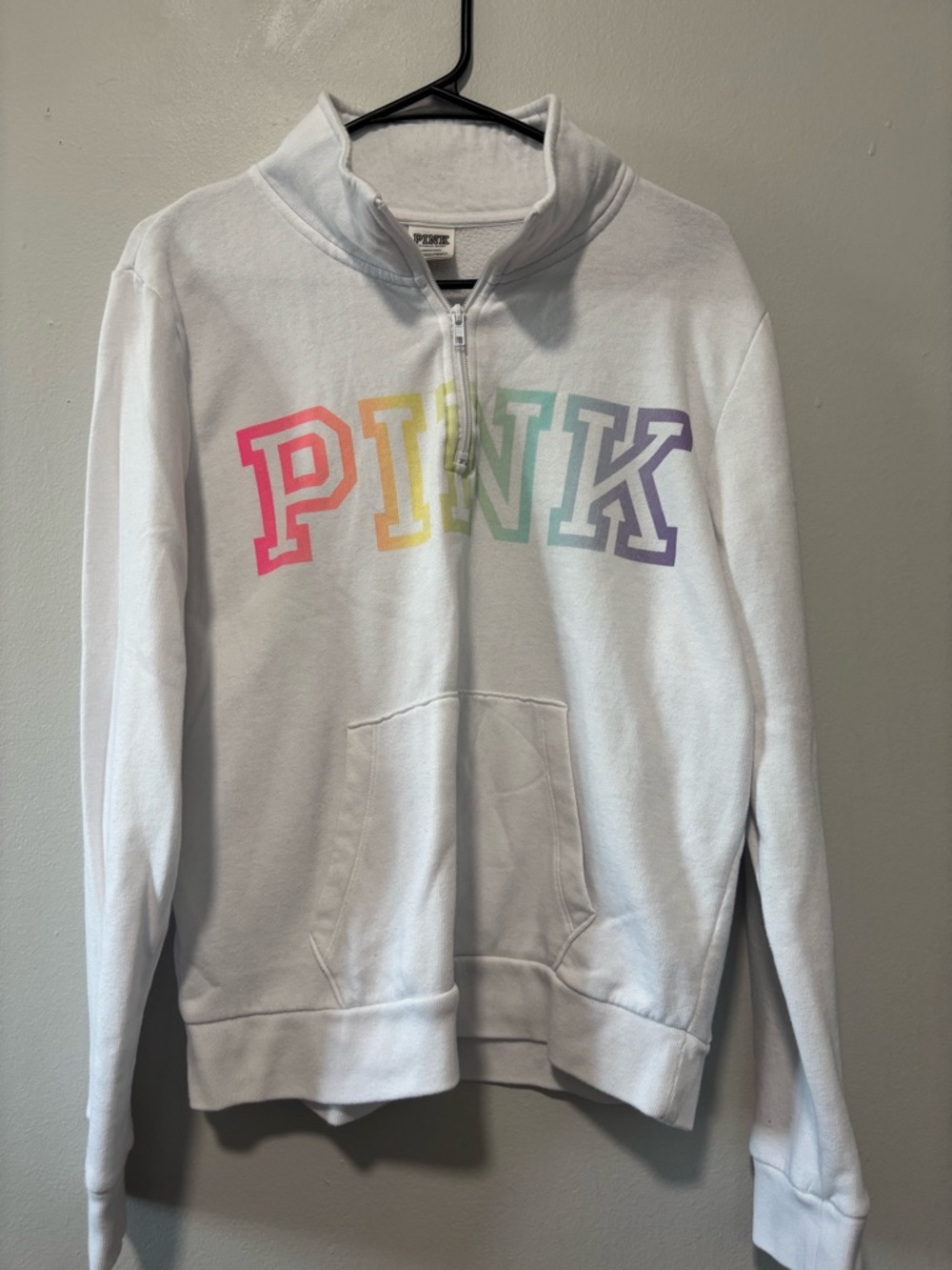 Victoria's Secret PINK White Half-Zip Hoodie with Rainbow Lettering